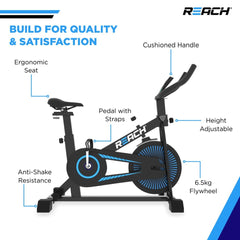 Reach Apollo Spin Bike | 6.5 KG Flywheel | 8 Levels of Adjustable Resistance | Max User Weight 110 KG | LCD Monitor | Exercise Bike for Home Workout | Perfect for Home Gym