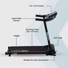 Reach T-400 PT [4HP Peak] Multipurpose Automatic Treadmill with Manual Incline and LCD Display | Pushup Bar & Twister | Foldable | Max Speed 12km/hr | Max User Weight 110 Kg
