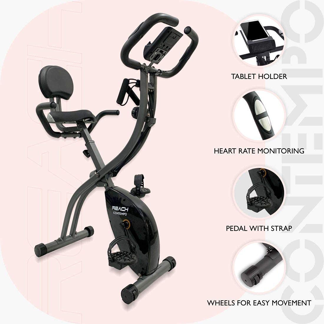 Reach Contempo Smart Foldable Exercise Cycle for Home Gym Indoor Equipment | 2-in-1 X-Bike with Back & Hand Support + Resistance Rope | Gym Bike with Magnetic Resistance for Full Body Exercise & Cardio Fitness Workouts for Men & Women