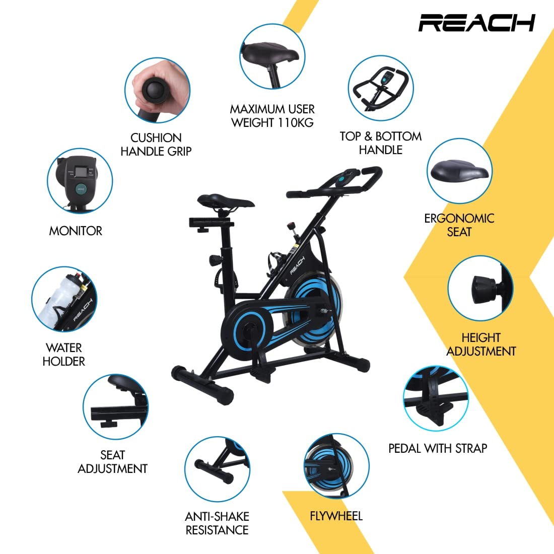 Reach Vision MII Spin Exercise Bike with 6.5 Kg Flywheel Adjustable Resistance & LCD Monitor | Maximum user weight 110kgs, Fitness Cycle for Home, Gym Workout for tummy and lower body workout