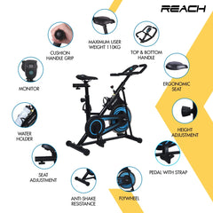 Reach Vision MII Spin Exercise Bike with 6.5 Kg Flywheel Adjustable Resistance & LCD Monitor | Maximum user weight 110kgs, Fitness Cycle for Home, Gym Workout for tummy and lower body workout