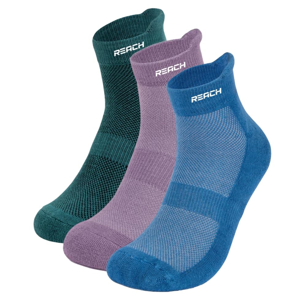 REACH Bamboo Ankle Socks for Men & Women | Breathable Mesh & Odour Free Socks | Sports & Gym Socks | Soft & Comfortable | Pack of 3 | Aqua Blue, Lavender & Charcoal Green