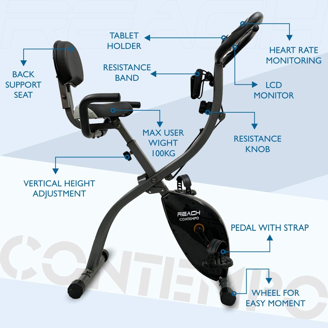Reach Contempo Smart Foldable Exercise Cycle for Home Gym Indoor Equipment | 2-in-1 X-Bike with Back & Hand Support + Resistance Rope | Gym Bike with Magnetic Resistance for Full Body Exercise & Cardio Fitness Workouts for Men & Women
